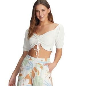 NWOT Roxy White Smocked Crop Top Short Puff Sleeve Drawstring Sweetheart XL $40